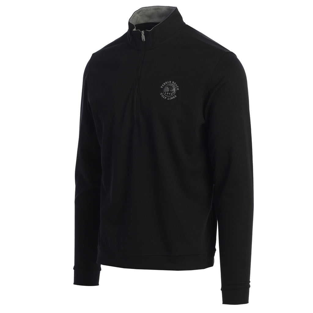 Black quarter-zip sweatshirt with a pebble beach logo on a white background