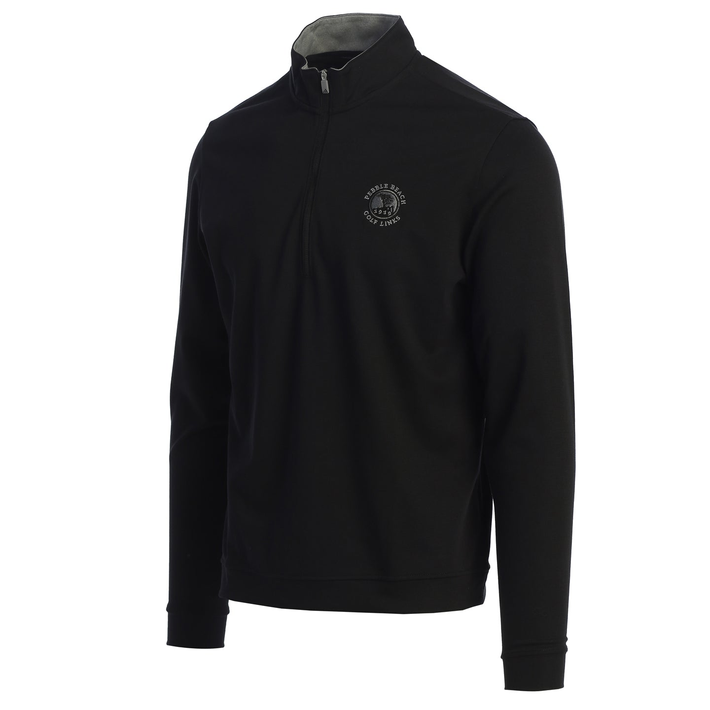 Black quarter-zip sweatshirt with a pebble beach logo on a white background