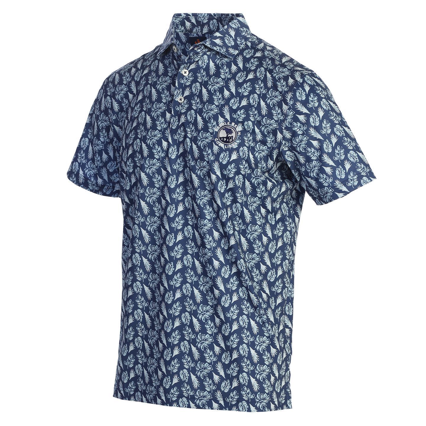Navy blue polo shirt with white floral pattern and a pebble beach logo on the chest on a white background 