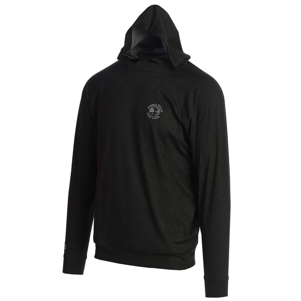 Black hoodie with a pebble beach logo on the chest against a white background