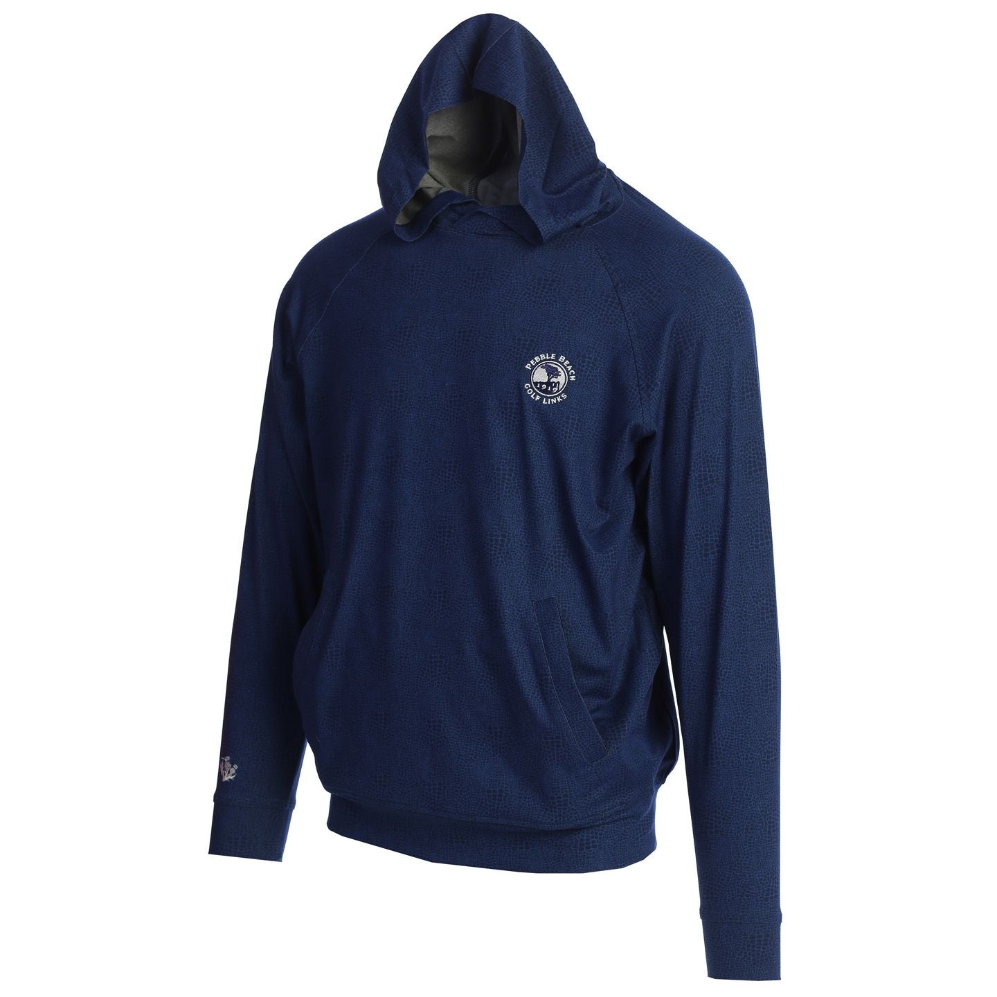 Navy blue hoodie with a pebble beach logo on the chest against a white background