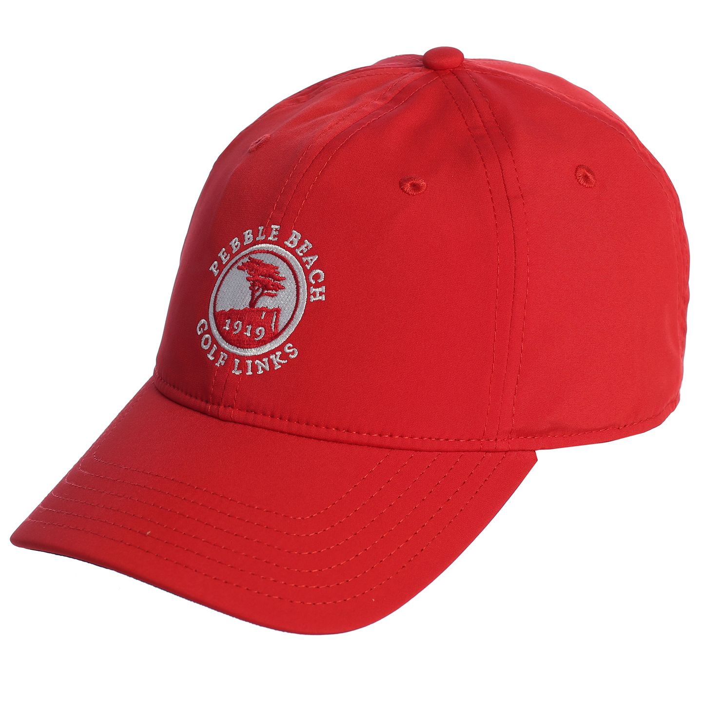 Red cap with a pebble beach logo on a white background