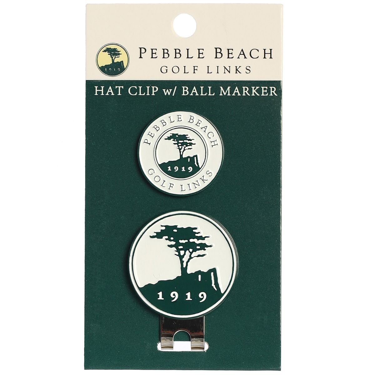 Pebble Beach Golf Links hat clip with ball marker in packaging with a white background