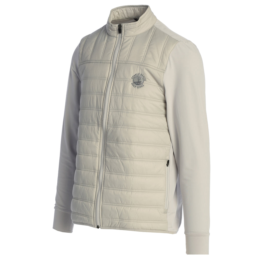 Light gray quilted jacket with a pebble beach logo on a white background
