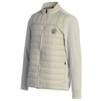 Light gray quilted jacket with a pebble beach logo on a white background