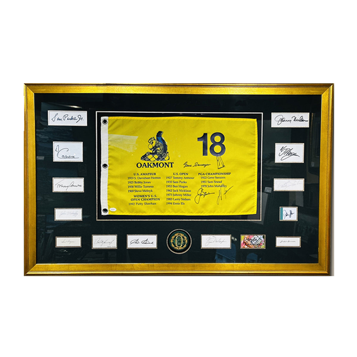 Framed Oakmont Flag w/ 12 Champion sigs