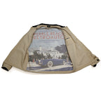 Beige jacket with a printed featuring a car and 'pebble beach Reto auto' text on white background