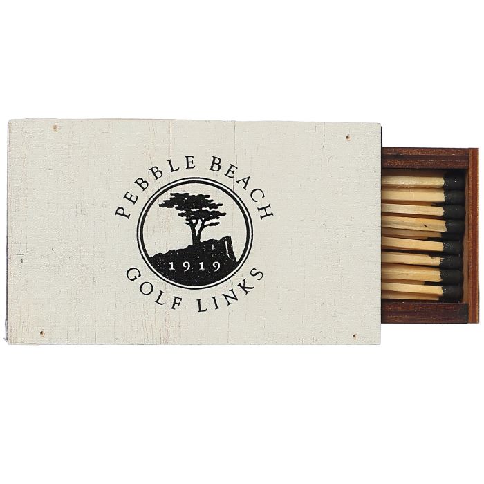 White wooden matchbox with 'Pebble Beach Golf Links' logo on a white background