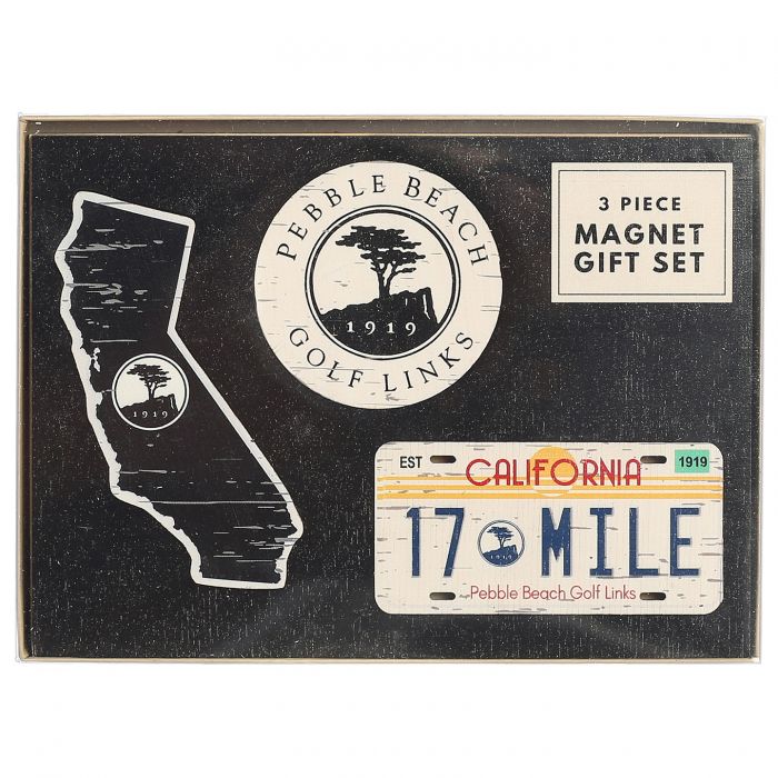 Pebble Beach Golf Links 3-piece magnet set with state outline with pebble beach logo in the middle, 17-mile drive license plate, and pebble beach golf links logo on a black background.