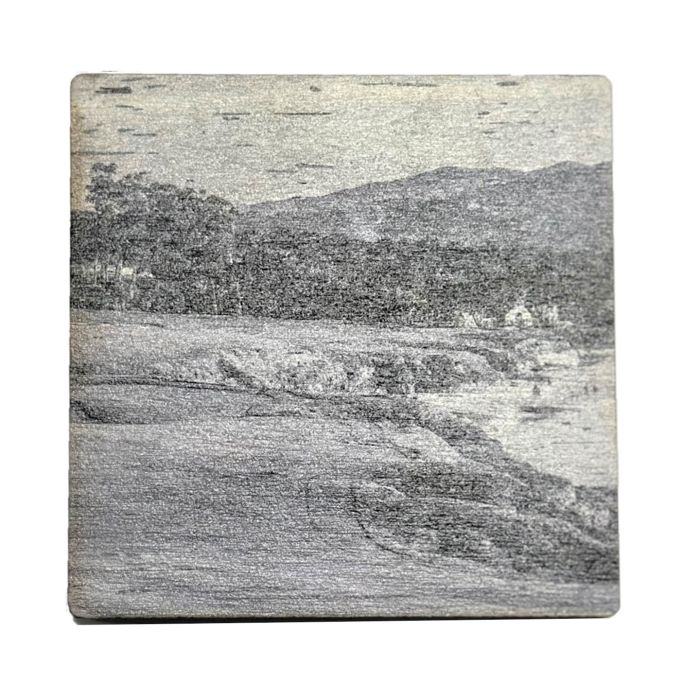 Square grey wood coaster with a nature scene design on a white background