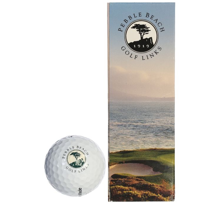 Pebble Beach Golf Links golf ball with packaging featuring a scenic view.