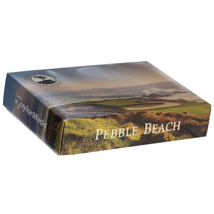 Golf ball box with 'Pebble Beach' and TaylorMade branding on a white background