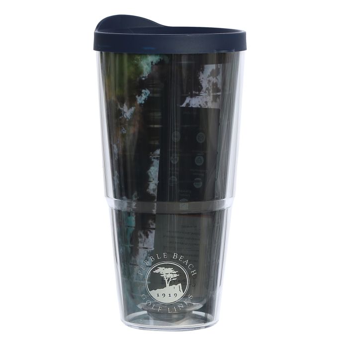 Clear tumbler with navy blue lid featuring a pebble beach logo on a white background