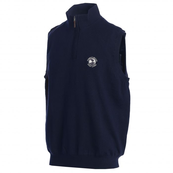 Navy blue vest with a Pebble Beach  logo on a white background