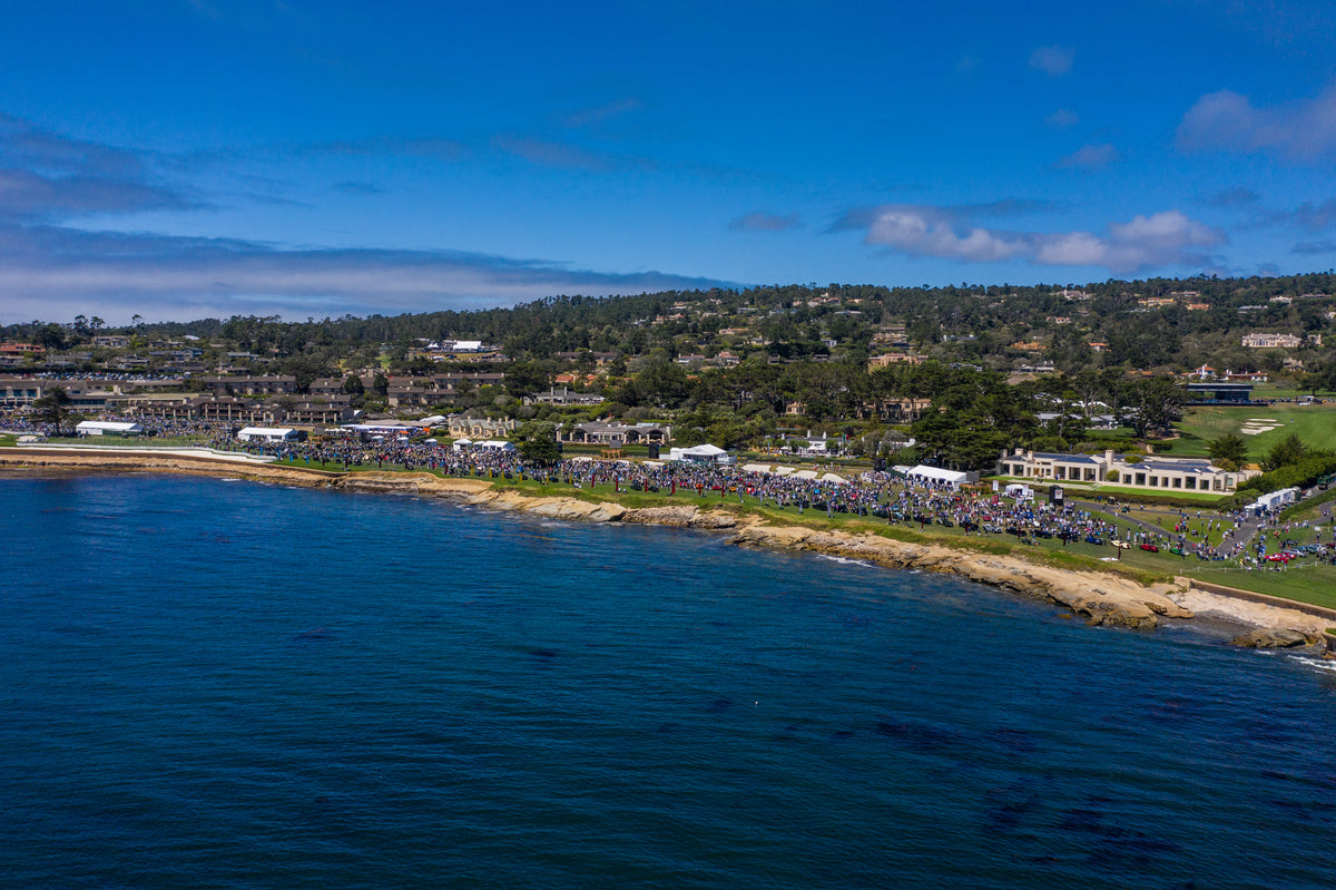 Aerial coastal scene with deep blue ocean in the foreground, a rocky shoreline, a crowd gathered along the beach, and a hillside town with buildings and trees under a bright blue sky.