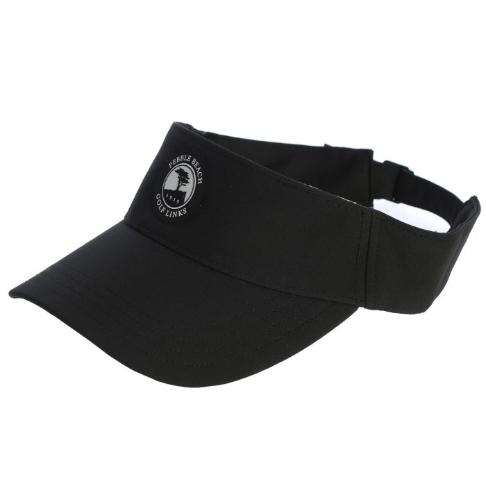 Black visor with a white pebble beach logo on a white background