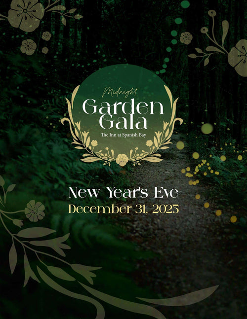 Poster for Midnight Garden Gala on New Year's Eve with decorative text and floral elements.