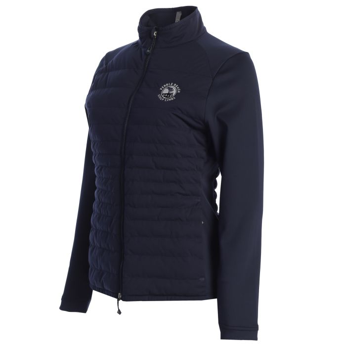 Navy blue puffer jacket with a white pebble beach logo on a white background