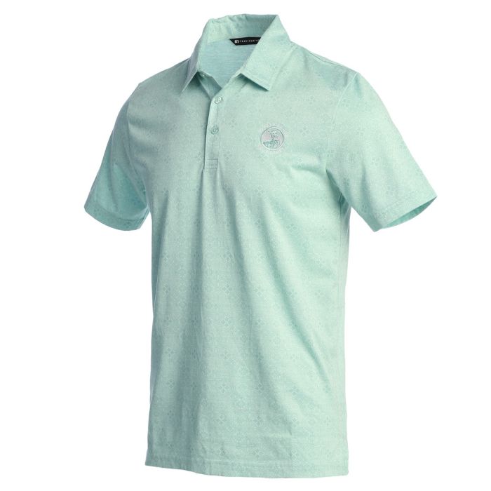 Light green polo shirt with a small Pebble Beach logo on the chest on a white background