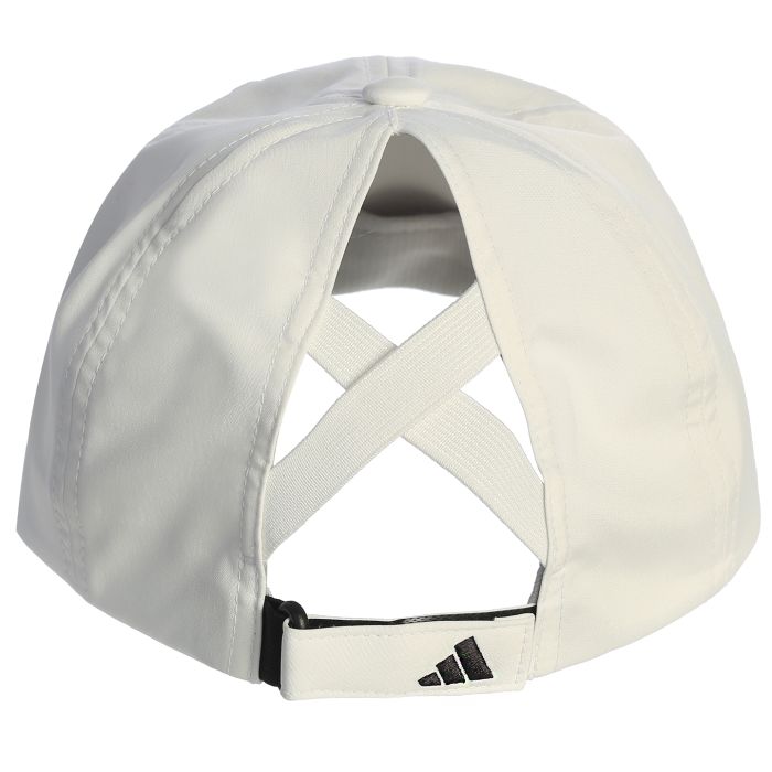 Back of White Adidas cap with a criss cross design on a white background