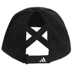 Back of Black Adidas cap with a criss cross design on a white background
