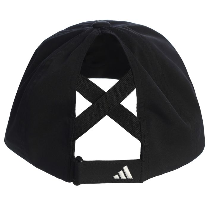 Back of Black Adidas cap with a criss cross design on a white background