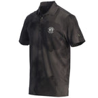 Black camouflage polo shirt with an adidas logo on the sleeve and a pebble beach logo on the chest on a white background