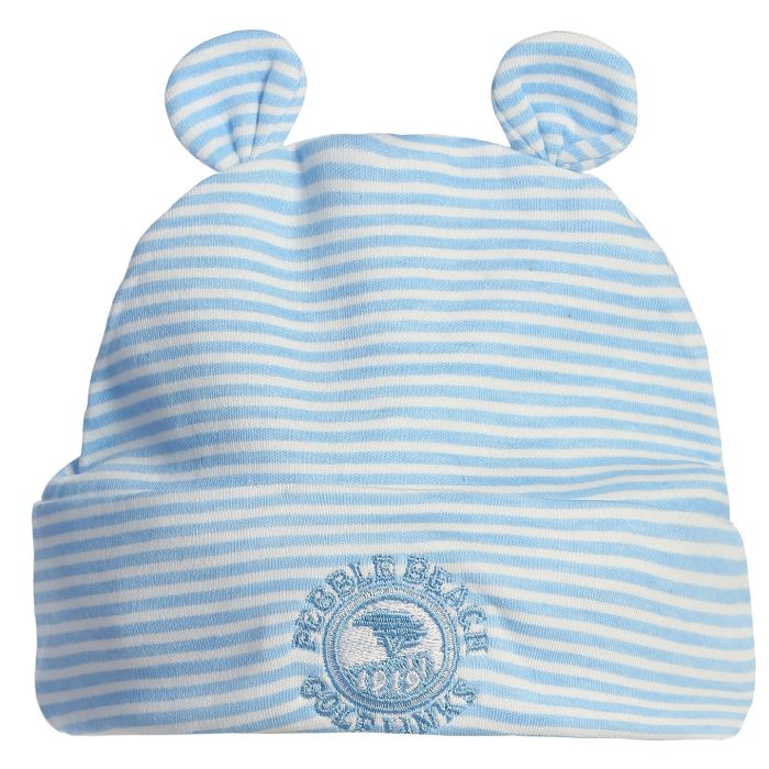 Blue and white striped baby hat with bear ears and a pebble beach logo on a white background