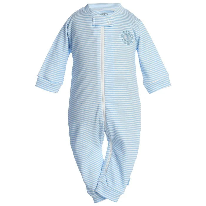 Blue striped baby onesie with a white zipper and a pebble beach logo on a white background