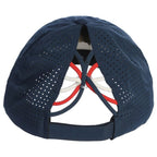 Back of a navy blue cap with a red, white and blue criss cross design on a white background