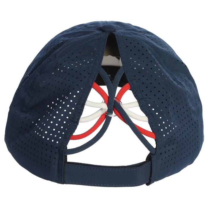 Back of a navy blue cap with a red, white and blue criss cross design on a white background
