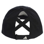 Black cap with a unique criss-cross design on the back against a white background