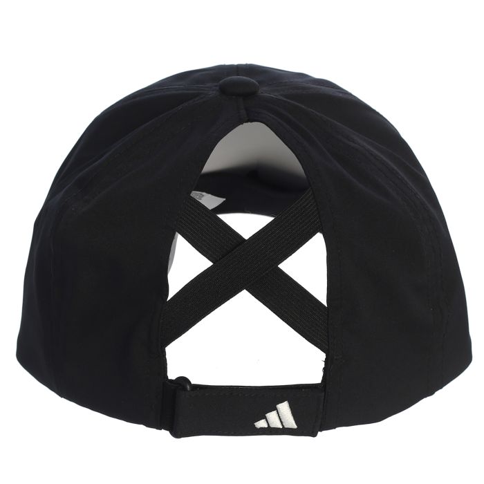 Black cap with a unique criss-cross design on the back against a white background