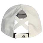 Back of a White Adidas cap with Criss cross design and a black logo on a white background