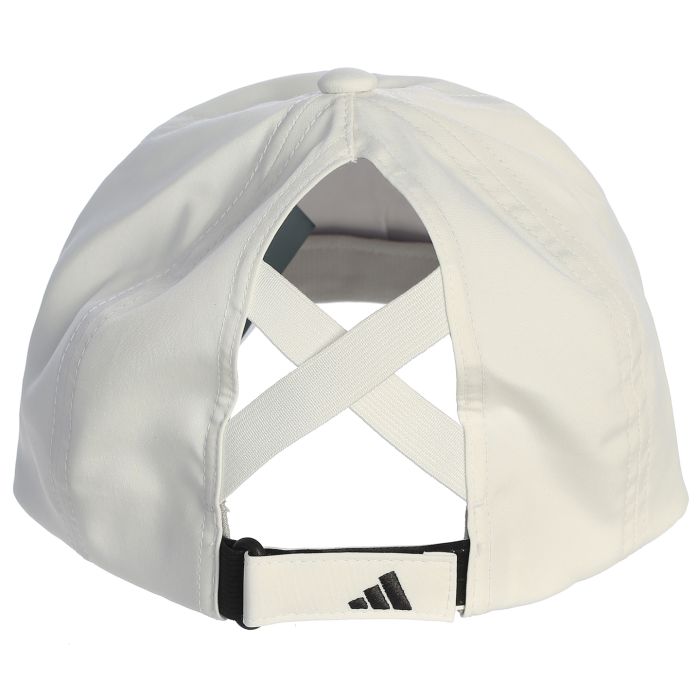 Back of a White Adidas cap with Criss cross design and a black logo on a white background