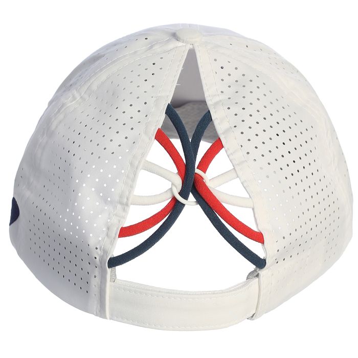 Back of a white cap with red, white and blue  criss cross design on a white background