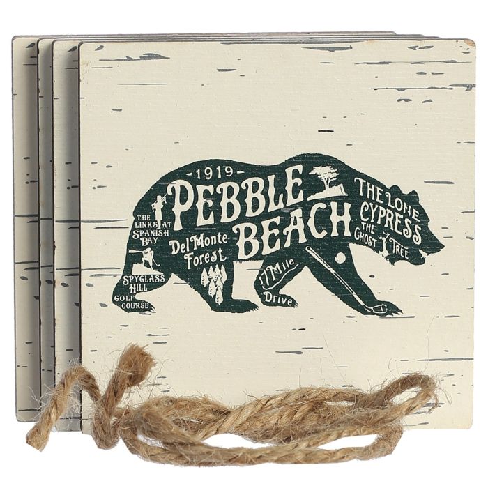 Coaster set with California bear design and Pebble Beach and golf courses text on a white background