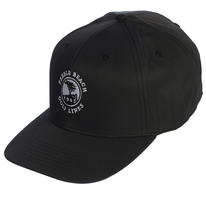 Black cap with a pebble beach golf links logo on a white background