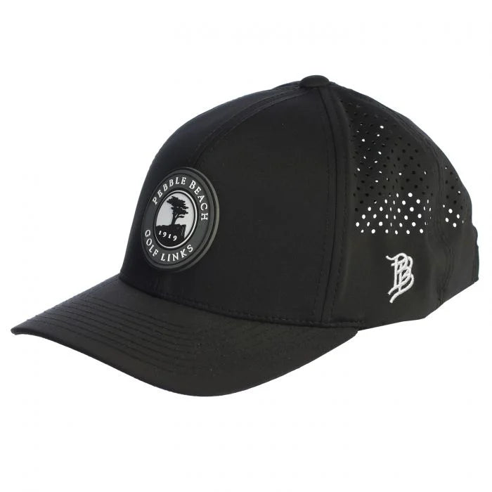 Black hat with a pebble beach logo on a white background