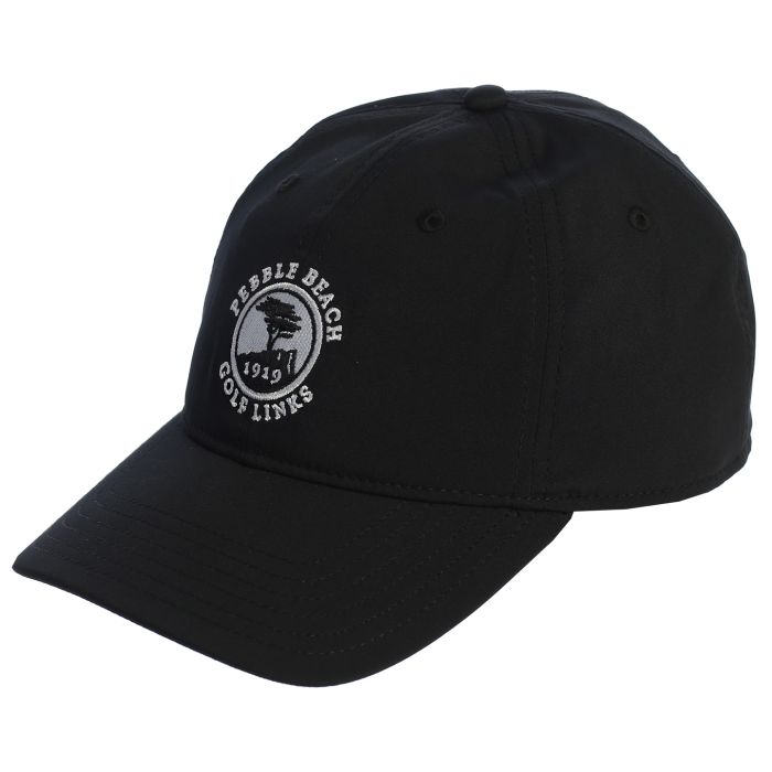 Black cap with a pebble beach logo on a white background