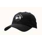 Black cap with a pebble beach logo on a white background