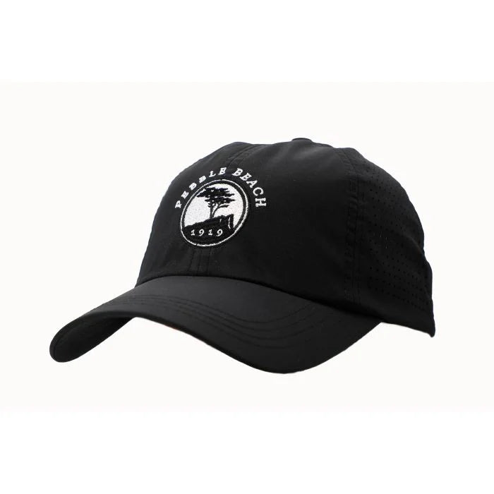 Black cap with a pebble beach logo on a white background