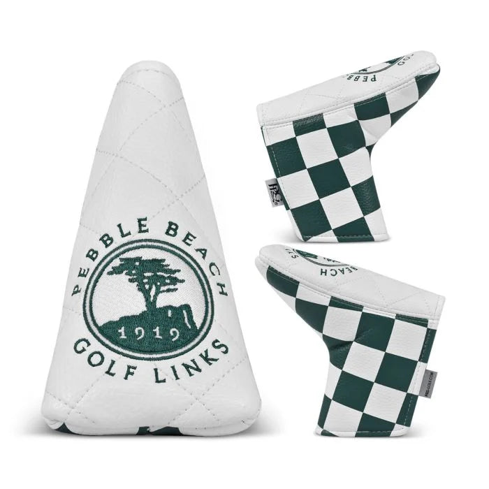 Pebble Beach Golf Links blade head cover with green and white checkers on a white background