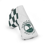 Golf club blade head cover with checkered pattern and Pebble Beach Golf Links logo on a white background