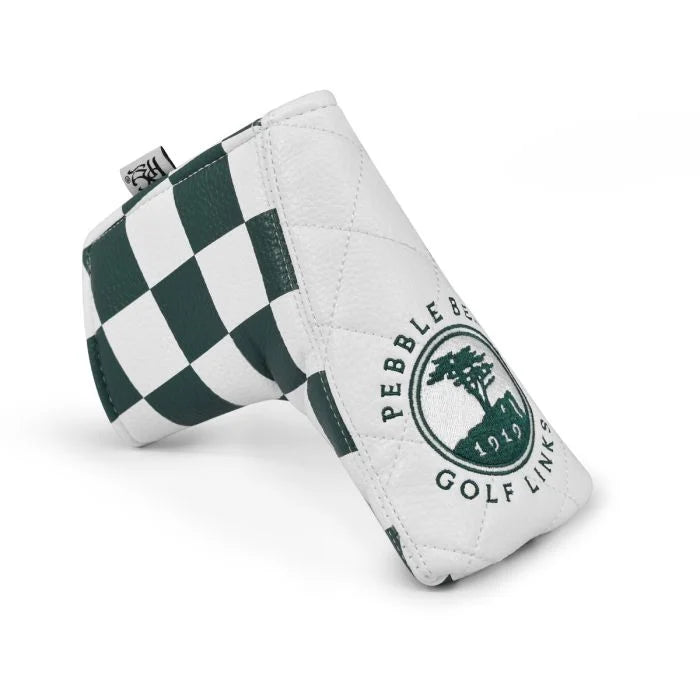 Golf club blade head cover with checkered pattern and Pebble Beach Golf Links logo on a white background