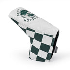 Golf club blade cover with green and white checkered pattern and a pebble beach golf links branding on a white background