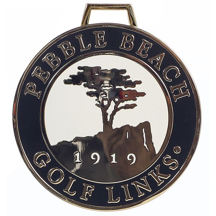 Black bag tag with 'Pebble Beach Golf Links 1919' text and logo on a white background