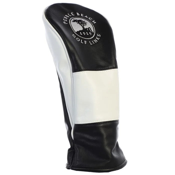 Black and white golf club head cover with a pebble beach golf links logo on a white background