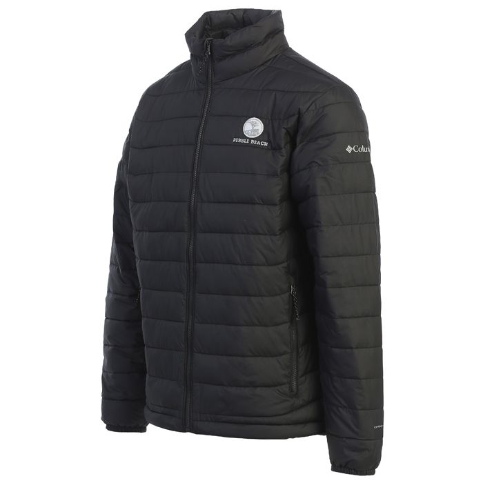 Black puffer jacket with Columbia logo on the sleeve and Pebble beach logo on the chest on a white background