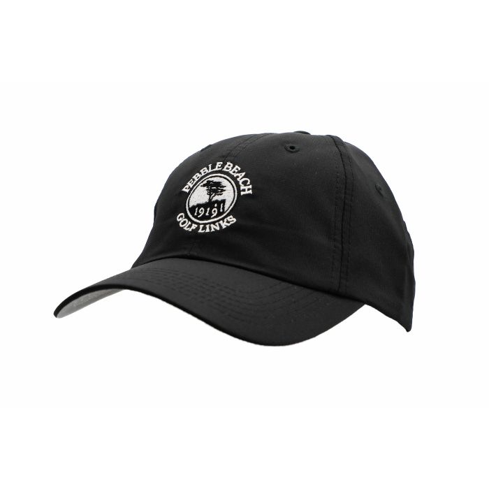 Black cap with white pebble beach logo on a white background
